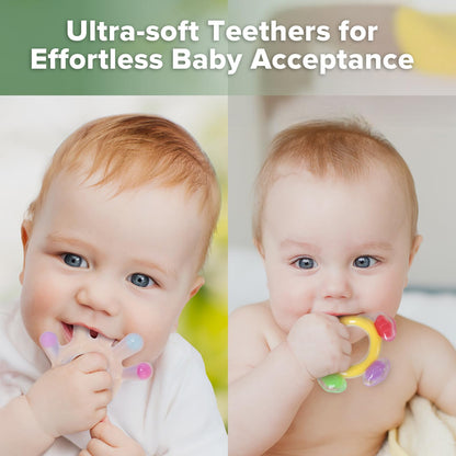Haakaa Silicone Teether Set-Baby Freezer Teething Toy-Twin Flower Teether,Nipple-Shaped End for Gum Massage,360° Baby Toothbrush Head for Self-Brushing Training