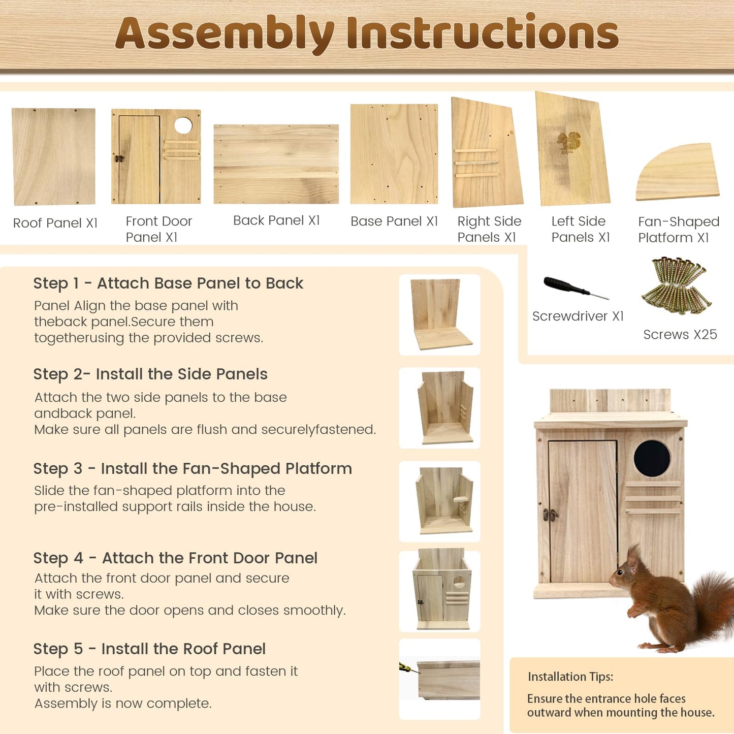 Large Squirrel House for Outside, Natural Wood Squirrel Nesting Box, Easy Installation Squirrel Shelter for Squirrels & Small Animals