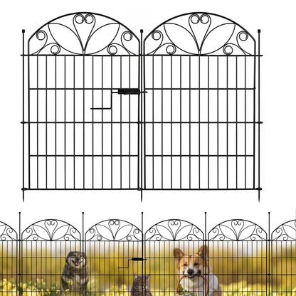 6 Panels No Dig Garden Fence with Gate, 32" H x 11ft, Decorative Metal Animal Barrier Dog Fence Outdoor for Yard, Walk-Through Iron Fencing for Flower Bed, Patio & Vegetable Garden