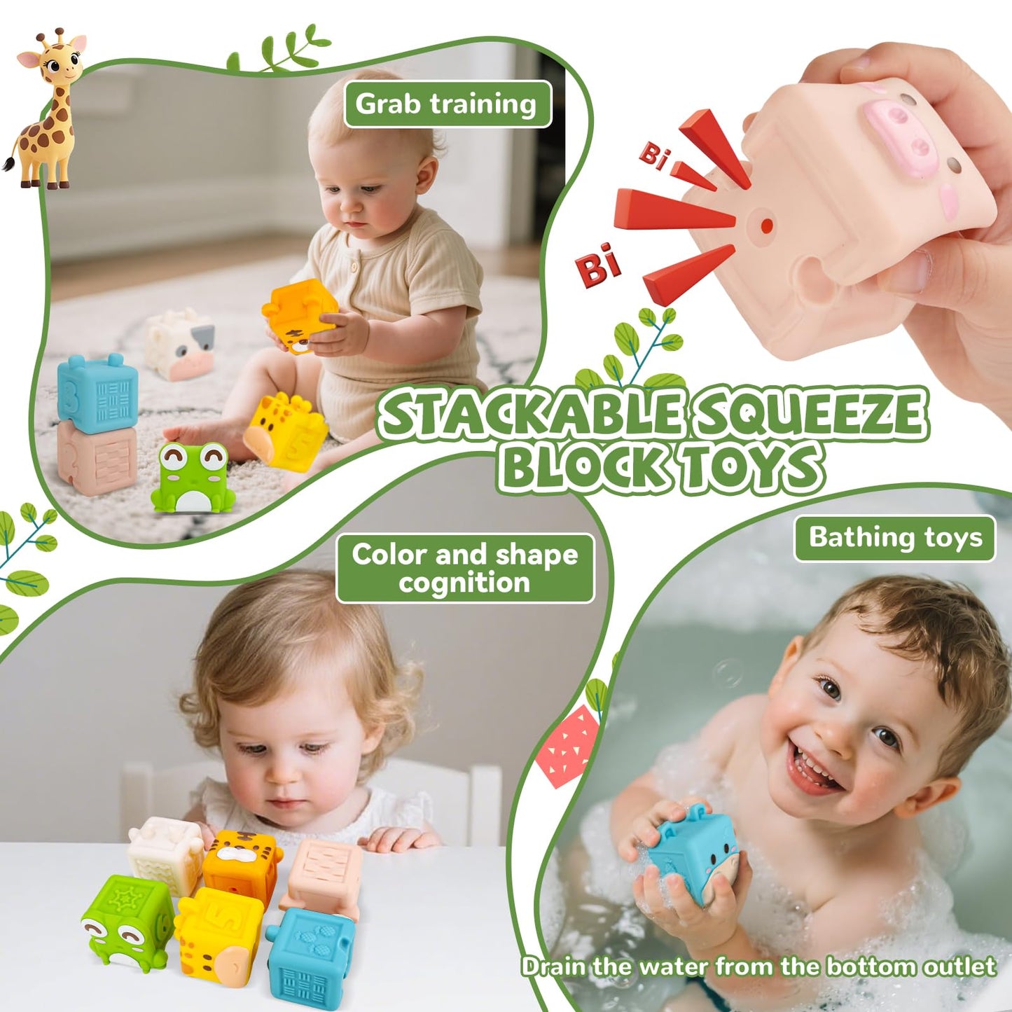 BOBOBELL Animal Soft Baby Blocks,Silicone Squeeze Building Blocks Stacking Toys for 6+ Months Babies,Early Learning Touch Education Toys with Numbers Animals Fruits Texture Baby Gifts Easter Basket