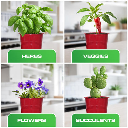 Plexon Herb Planter Indoor Garden Set of 3 with Tray, Metal Herb Pots for Indoor Plants, Round Kitchen Garden Kit Ideal for Windowsill Planter or Countertop, Red Powder Coated