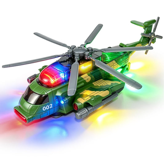 Hymaz Helicopter Toy for Kids 3-5 4-7, Army Military Plane Toy with Lights and Music, 360° Rotating, Bump and Go Airplane Toys for Boys Girls Toddlers Indoor Play Birthday Easter Gifts