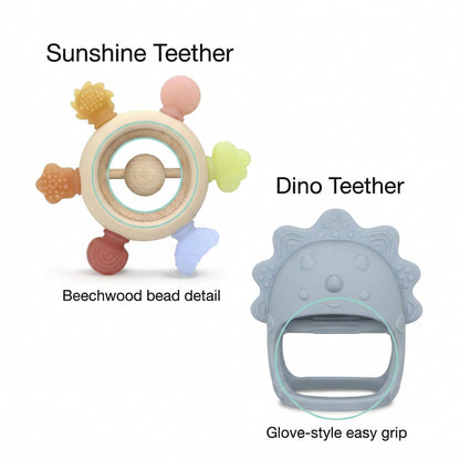 TINBLII Baby Teething Toys 2 Pack, Dinosaur Mitten Teether and Ring Sun Teether with 6 Chewing Points, Silicone Chew Toys for Infants 0-6 6-12 Months, BPA Free Soothing Gum Relief Set (Blue)