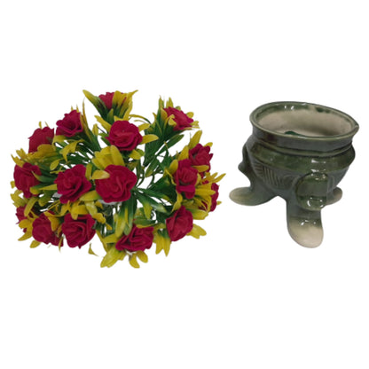 India Meets India Handmade Ceramic 3 Legs Pot Planter [Green] w/Artificial Flower, Decorative Planter for Home Décor/Living Room/Office/Dining Area and Windowsill, 4.5 x 4.5 inches