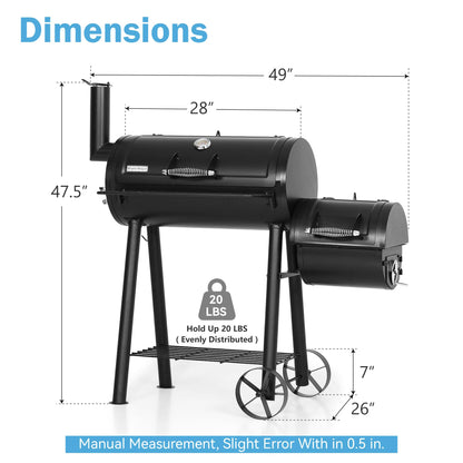GREEN PARTY Offset Smoker Charcoal Grills with 28 Inch Cook Chamber, Barrel Smoker and Charcoal Grill Combo, 512 Sq. In. Space Barrel Smoker Grill for Outdoor BBQ Patio Backyard Cooking