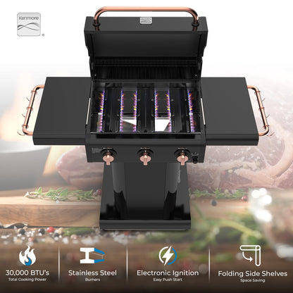 Kenmore 3-Burner Gas Grill | Foldable Side Tables, Cast Iron Cooking Grates, Warming Rack, Hooks for BBQ Grilling Tools, Propane Gas Barbecue Grill, 30,000 BTUs, Black with Copper Accent