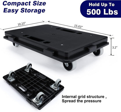 Nellyke Furniture Dolly, 2 Pack Small Flat Moving Dolly, Furniture Movers with 4 Wheels, 500Lbs Capacity, Connectable and Portable Dollies for Heavy Appliance, Black