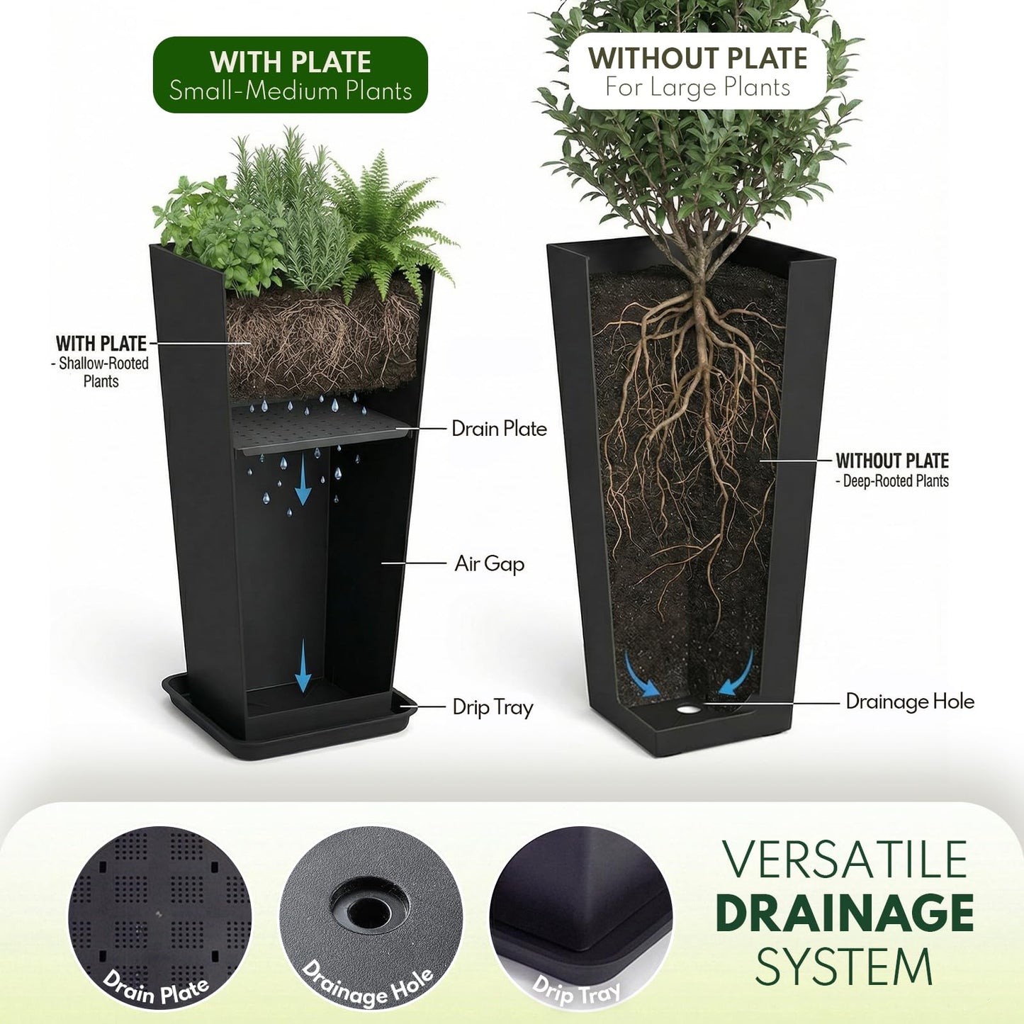 PASAMIC Tall Planters 30 Inch Set of 2, Outdoor Large Planters, Weather Resistant Planter for Outdoor & Indoor Plants, Flower Pots with Drainage Holes, Ideal for Front Porch, Patio, Balcony, Black