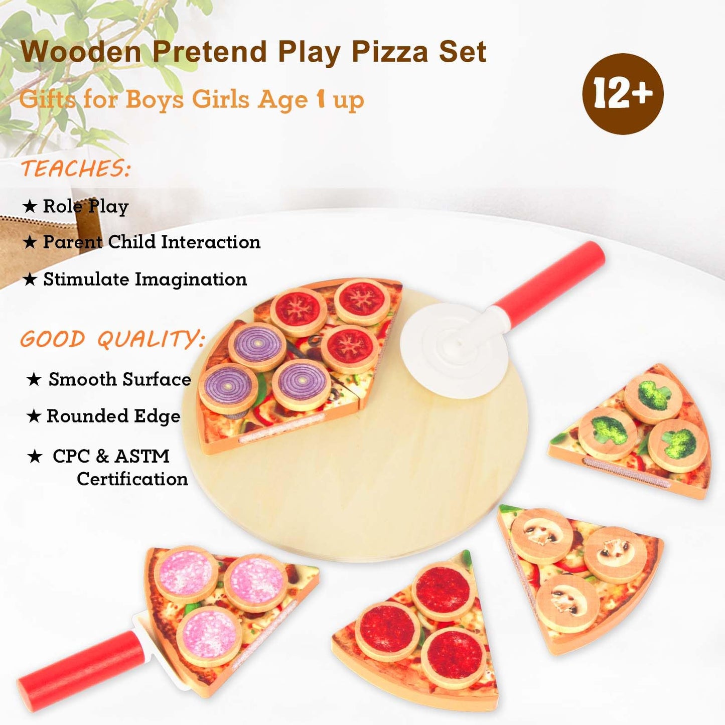 WoodenEdu Cutting Play Food Toy for Kids Kitchen,Wooden Pizza Set Pretend Play Kitchen Accessories,Learning Toy Birthday Gifts for Boys Girls Toddlers (6 pcs Set)