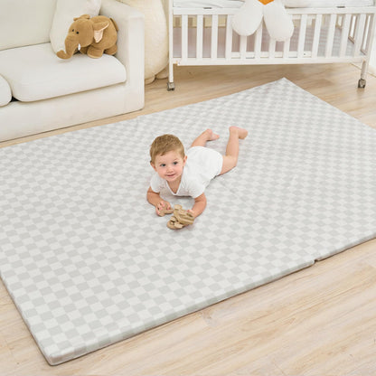 Yumiio Large Vegan Leather Baby Play Mat for Floor,1.3"Thick Foam 59x82 Foldable Waterproof Kids Play Mat,Stylish and Just Wipe-Clean Playmat for Baby Play on Floor (Grey Checker)