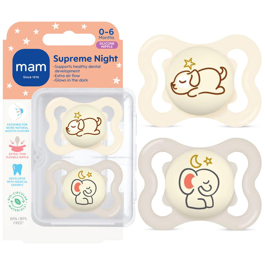MAM Supreme Baby Pacifier, Newborns 0-6 Months, Developed with Orthodontists, Extra Air Flow for Sensitive Skin, Glows in The Dark, BPA-Free Silicone, Sterilizer Case, Pack of 2, Made in Europe