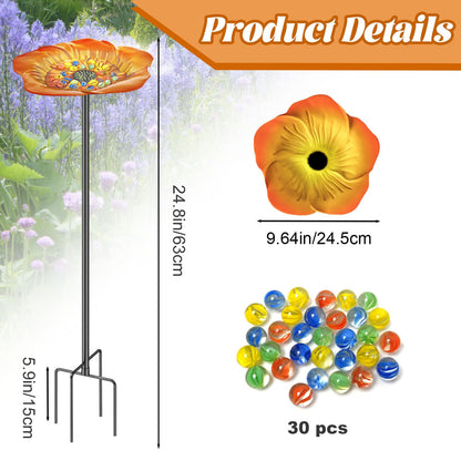 MeyRolizn Bee Butterfly Watering Station, 4 Prongs Base Stake Butterfly Bee Feeder for Garden with Glass Marbles, Bee Bath with Vivid Flower Design for Garden Yard Patio Decor (Orang Yellow)