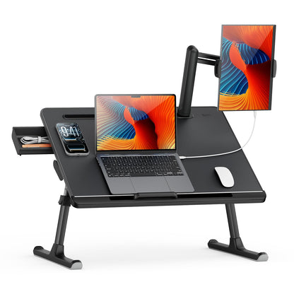 SAIJI Dual Screen Laptop Bed Desk | Foldable Adjustable Lap Desks for Adults, X-Large Couch Bed Tray Table with Portable Monitor Stand and Drawer