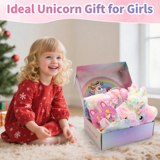 FIIOEOY Unicorn Gift Box for Girls Age 6-8, Unicorn Plush Toy Set with Glow in The Dark Blanket Light Up Star Pillow Eye Mask Crossbody Bag, Birthday Gifts for Daughter Niece