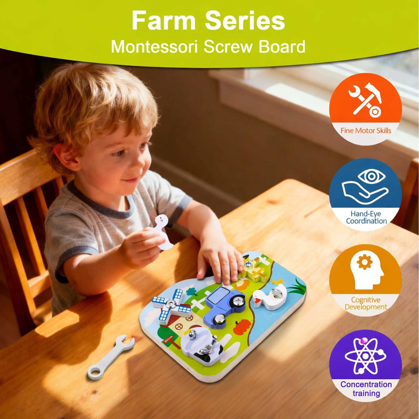 Montessori Screwdriver Board Set - Wooden Montessori Toys for 3 Year Old Kids and Toddlers, Fine Motor Skills Learning, STEM Toys, Gift for Boys and Girls (Farm Series)