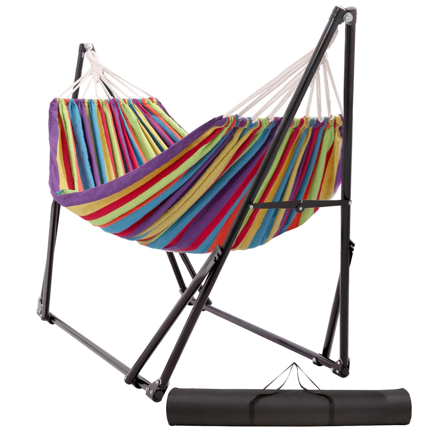 LIEVIM Portable Hammock with Stand for Outside Foldable,Frabic Tension Adjustable Indoor,Carrying Bag Included, 616 lbs Weight Capacity, Suitable Garden Yard Outdoor Inhouse Multicolour