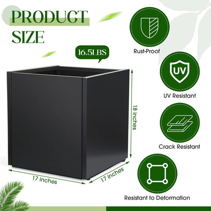 RimCereal 2 Pcs Extra Large Black Square Planter Box Outdoor 17" L x 17" W x 18" H Heavy Galvanized Steel Planters with Drainage Holes Divider for Patio Porch Tall Plants
