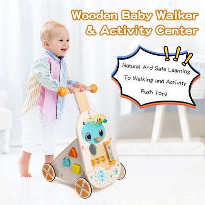 Steventoys Wooden Push Walker, Adjustable Speed Baby Push Walker Activity Center Toys, Wooden Baby Walker Push and Pull Learning Activity Walker, Learning & Walking Toy for Boys Girls