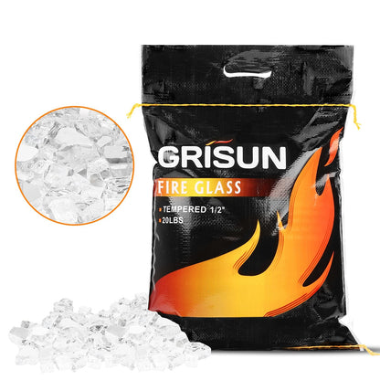 GRISUN 20 Pounds White Fire Pit Glass - 1/2 Inch Reflective Tempered Fire Glass Rocks for Natural or Propane Fireplace, Safe for Outdoors and Indoors Firepit, High Luster