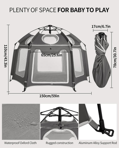 Pop-Up Portable Baby Playpen with UV Canopy, Waterproof Outdoor & Indoor Play Tent, Breathable Mesh Sides, Quick Setup Folding Baby Play Yard with Carry Bag & Stakes 59"