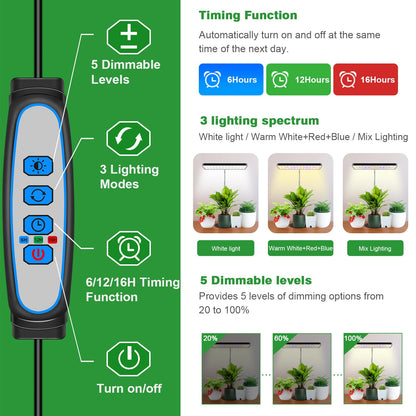 Wiaxulay Grow Lights, Full Spectrum Plant Light for Indoor Plants, Height Adjustable Desktop Grow Lamp with Auto Timer 6/12/16Hrs, 3 Lighting Modes,5 Brightness,Ideal for Potting Soil, 2 Pack