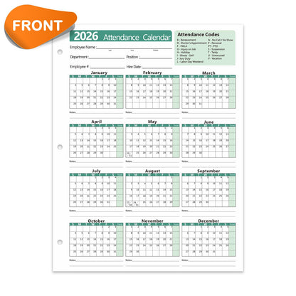 VistaRise 2026 Attendance Calendar, Employee Work Tracker Attendance Calendar cards - 3-Hole Punched for Binder, Cardstock, 8.5 x 11 in (Letter Size), Pack of 25 Sheets, Green