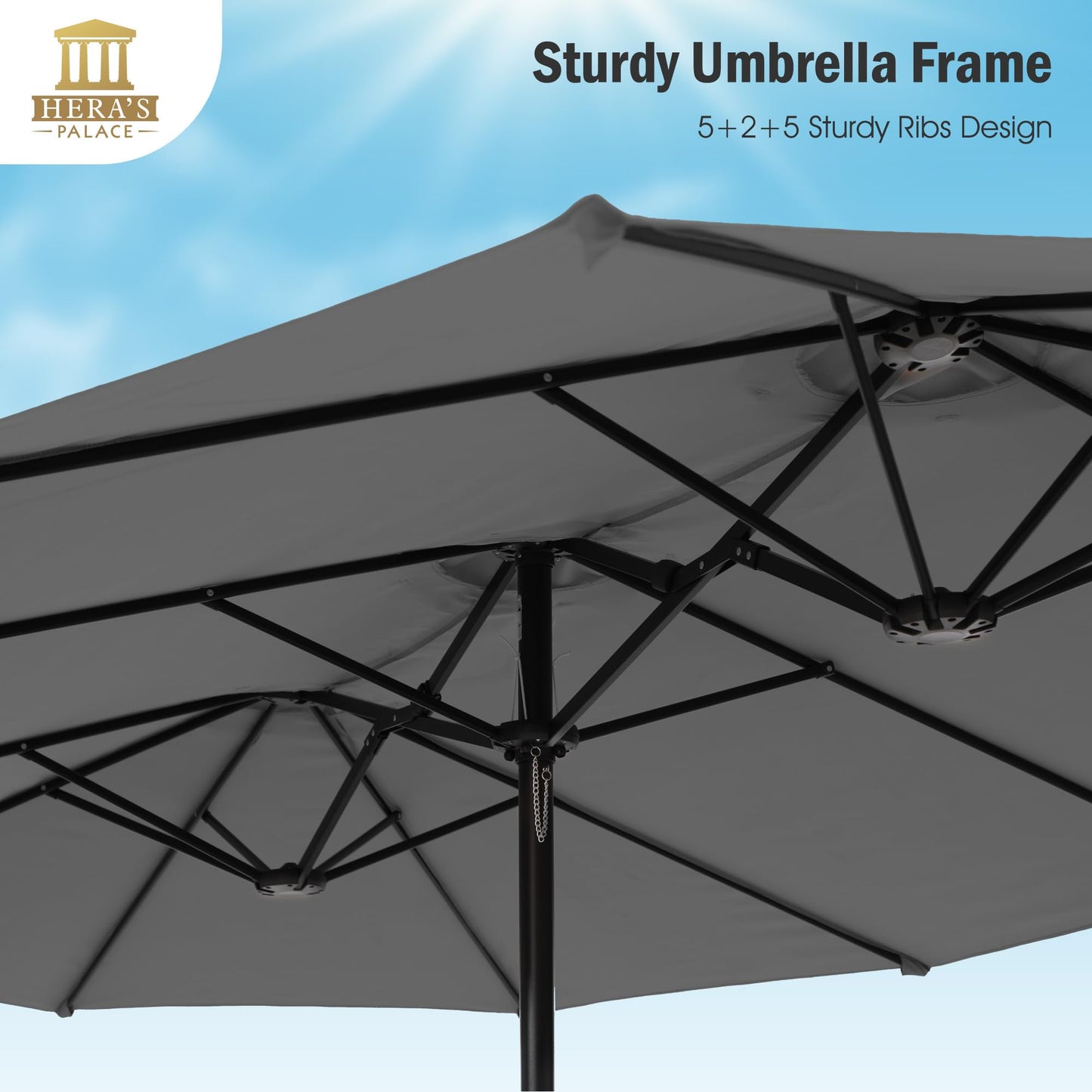HERA'S PALACE Umbrella Patio Outdoor with Base 15ft Rectangle Table Double Market Heavy Duty Umbrellas Clearance Large Included Stand for Deck Outside Pool Picnic Inground Yard Commercial, Gray
