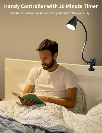 BOHON Desk Lamp 5 Color Modes 10 Brightness Dimmer Reading Light 10W 38 LED Clamp Lamp with Auto Off Timer 360° Flexible Neck Clip on Light for Bed Bedside, AC Adapter Include