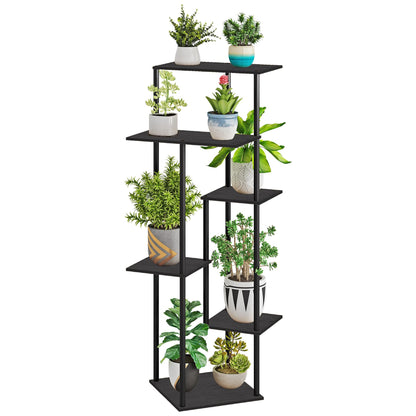 HAYOFAMY 6 Tier Plant Stand Indoor, Tall Plant Shelf Metal Wood Multiple, Flower Pot Holder for Living Room Office Balcony Patio, Black