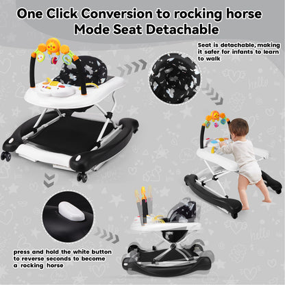 RefoereBabe Baby Walker, 5 in 1 Baby Walkers for Boys Girls 6-12 Months, Foldable Walkers for Babies with Bouncer & Feeding Tray, Music, Adjustable Heights, Activity Walker for Infant