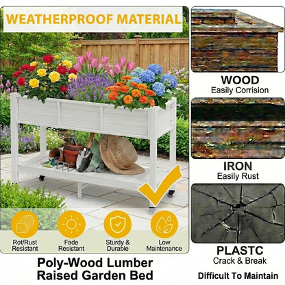DWVO 47x18x3in Raised Garden Bed HDPE Outdoor with Legs and Lockable Wheels, Weather-Resistant Poly-Wood Elevated Planter Box, Double Tier Planters for Backyard Patio Balcony, White