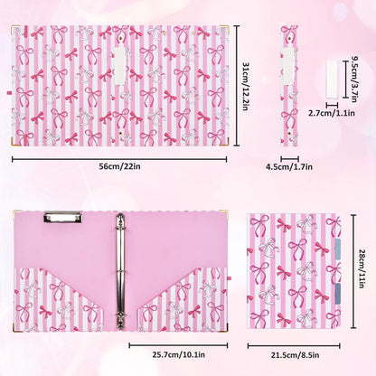 1 Inch 3 Ring Binder with Clipboard, Cute Binder Pink Bow Design, Holds 200 Sheets A4 Letter, Inside Pockets & 5 Tab Dividers, Pretty Classic Pink Binder for School Office Supplies(Pink Striped Bow)