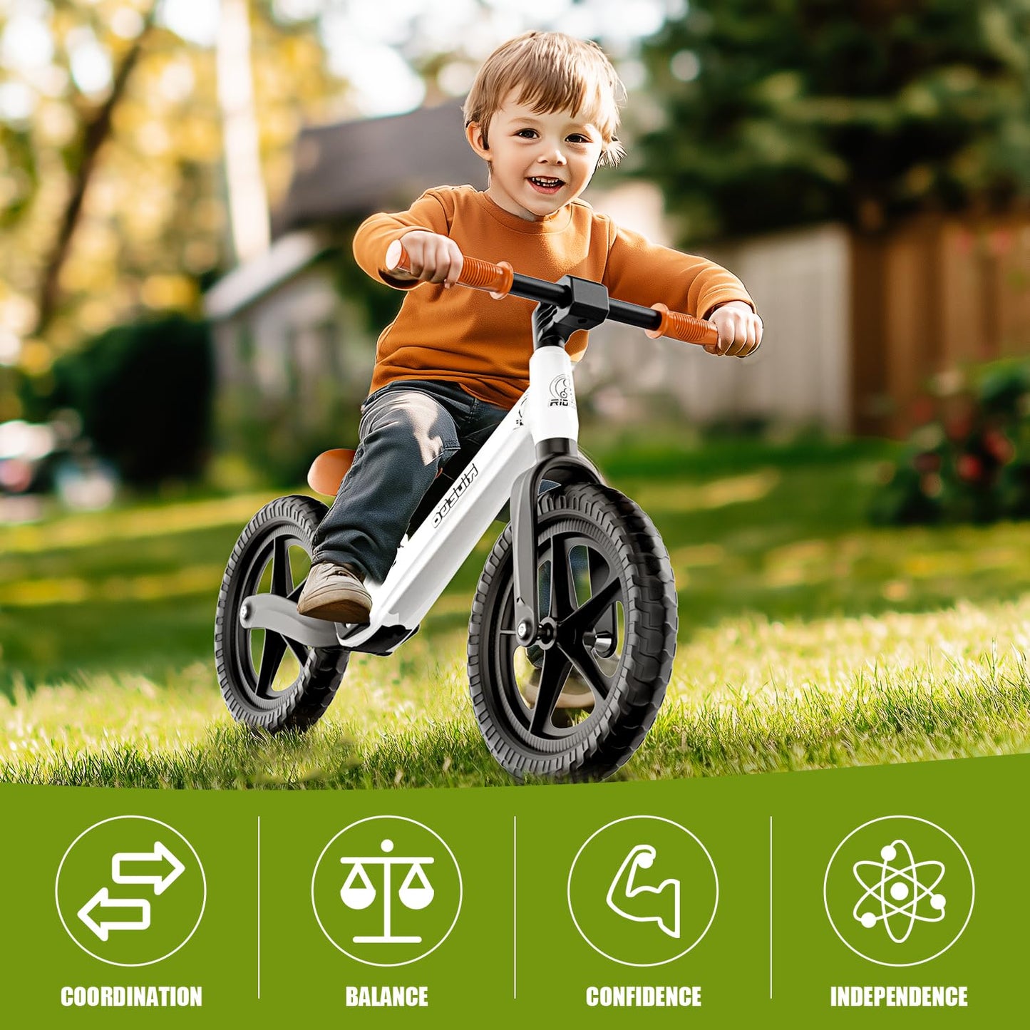 Ridego 12 Inch Balance Bike for Kids 2-4 Year Old, Lightweight Kids Bike with Adjustable Seat, Push Bicycle with Air Rubber Tires, Ride-on Toys Birthday Gift