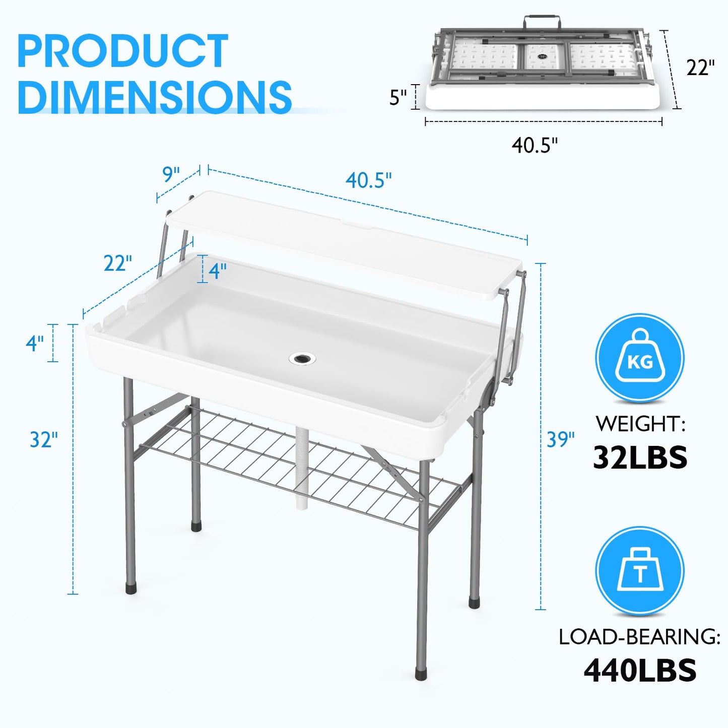 HLPB 4 FT Party Ice Cooler Folding Table with Folding Board, Outdoor ice Table with Skirt & Drain & Folded Buckets & Barbed Wire, Portable Foldable Bar Table for Party, BBQ, Camping, Picnic, White