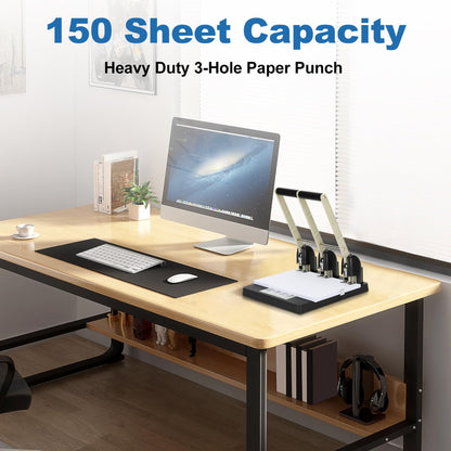 Heavy Duty 3 Hole Paper Punch,150 Sheet Capacity,Ergonomic Handle, Large Capacity Tray and Durable Metal, for Office, Home & Print Shop Use,Replaceable Cutter Head