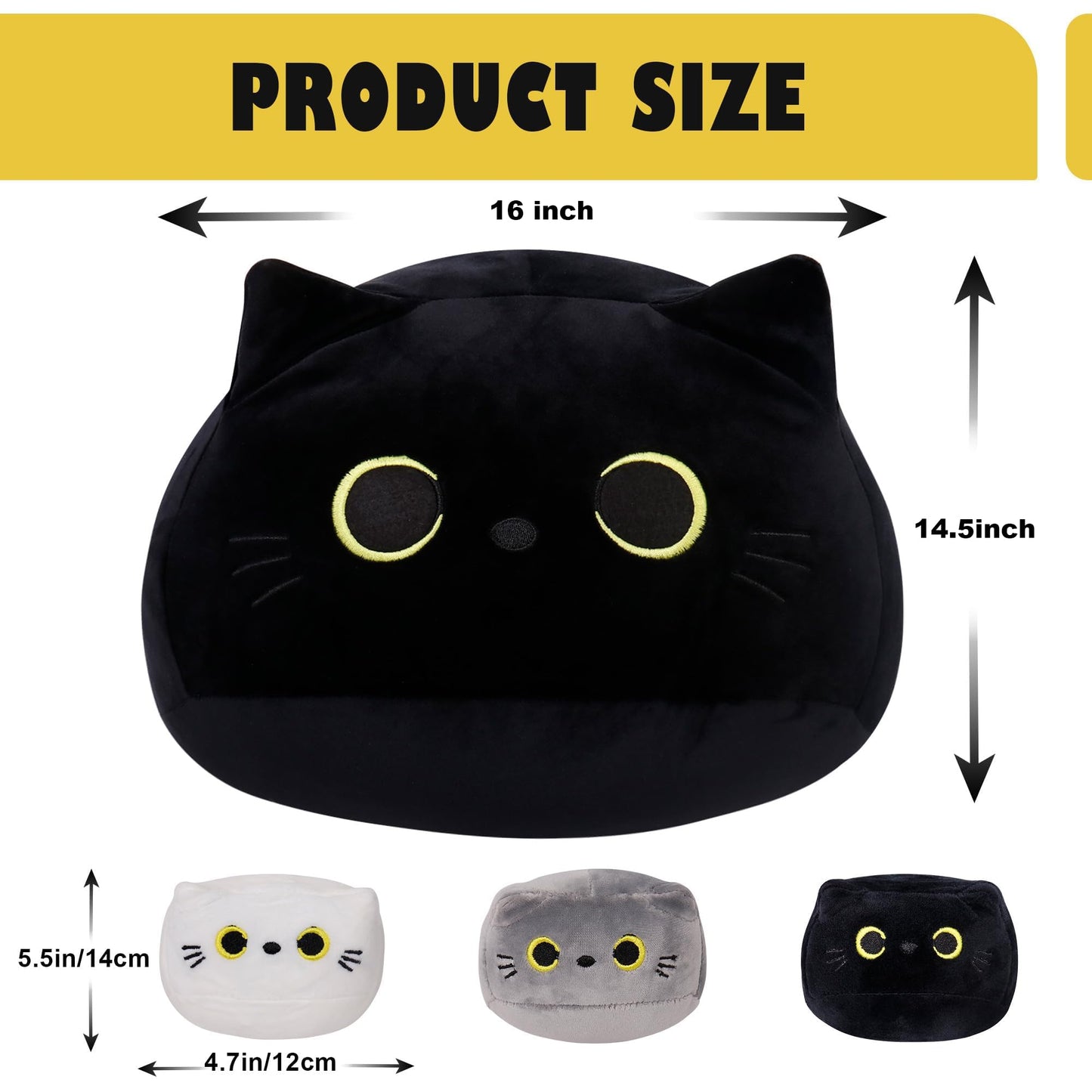 WeBingo Black Cat Plush Toy 4-Piece Set, 16'' Giant Cat Stuffed Animal Plushies Pillow with 3 Babies for Girl Boy Kid Adult, Large Big Soft Gift for Birthday Christmas Valentine's Day Home Decor