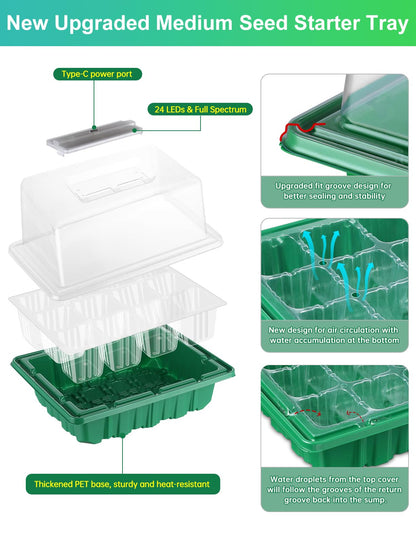 RODINTO Seed Starter Tray Medium Size 4 Packs, Seed Starter Kit with Upgraded 24 Full Spectrum LEDs, Adjustable Brightness and Timer, with Drainage Holes, Tools and Labels for Indoor Plant Growing