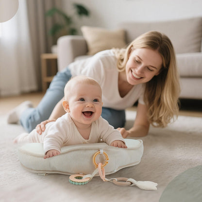 COTTONBEBE Organic Baby Tummy Time Cushion with 2 Detachable Toys for Newborn Babies,Soft Cotton Tummy Time Pillow Promotes Development, Ergonomic Design,Ideal Baby Gift