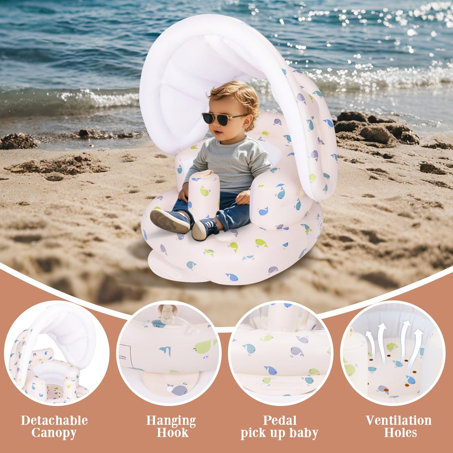 AirSwim Inflatable Baby Seat with Detachable Canopy and Built-in Pump, Inflatable Baby Chair for Babies 3 Months and Up, Sit Me Up Chair for Outdoor Indoor, Bumbo Seat for Infants, Whale