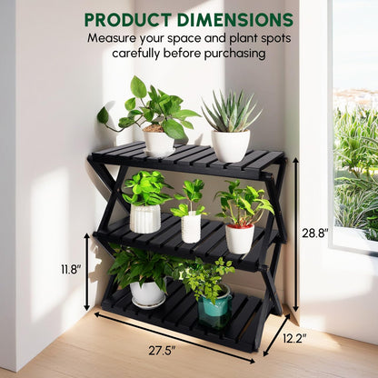 BEEFURNI Acacia Plant Stand Indoor, Wooden Outdoor Plant Stand, Foldable Plant Stand, 3 Tier Conner Space Flower Stand, Plant Ladder Stand (Black)