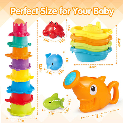Water Table Toys for Toddlers 1-3, 16PCS Bath Toys for Babies 6-12 Months wtih Floating Boats, Stacking Cups, Shark Water Can & Marine Animal Silicone Toys, Pool Beach Idea Gift for Boys Girls