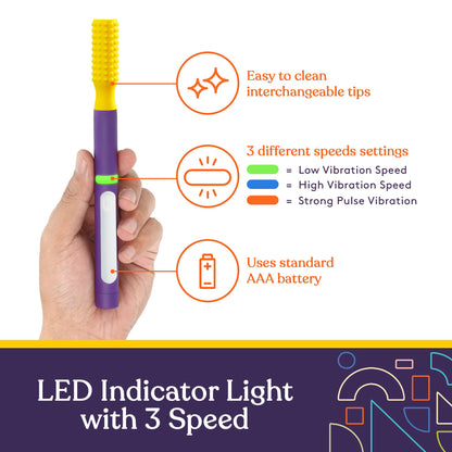 Special Supplies Buzz Buddy Oral Motor Stimulation Kit with 6 Soft Textured Interchangeable Heads, Calm Sensory Needs, Support Speech, and Stimulate Self Feeding, Gentle Vibrations (Purple)