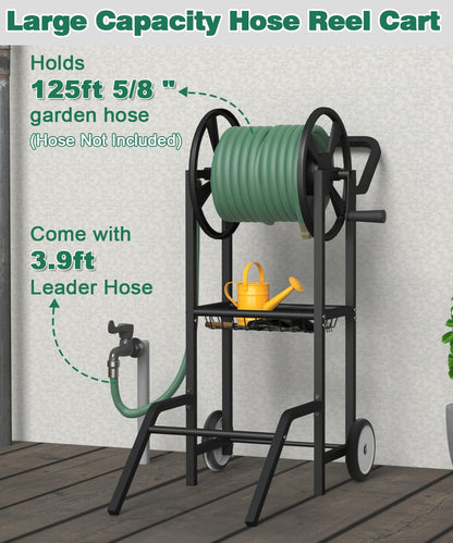 Artigarden Hose Reel Cart with 2 Wheels, Garden Water Hose Holder Heavy Duty Powder Coated Steel Outdoor Winder Storage Holds 125 ft 5/8" Hoses with Basket and 3.9ft Leader Hose for Backyard, Black