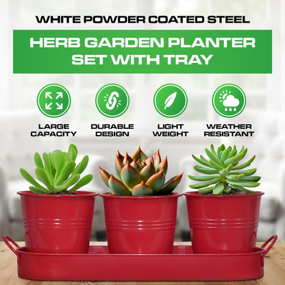 Plexon Herb Planter Indoor Garden Set of 3 with Tray, Metal Herb Pots for Indoor Plants, Round Kitchen Garden Kit Ideal for Windowsill Planter or Countertop, Red Powder Coated