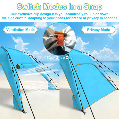 Beach Tent Sun Shelter for 6-8 Person, Beach Sun Shelter with UPF50+ UV Protection, Lightweight Beach Canopy, with Vent-to-Privacy Roll Curtain, Portable Shade Tent for Beach Camping Fishing