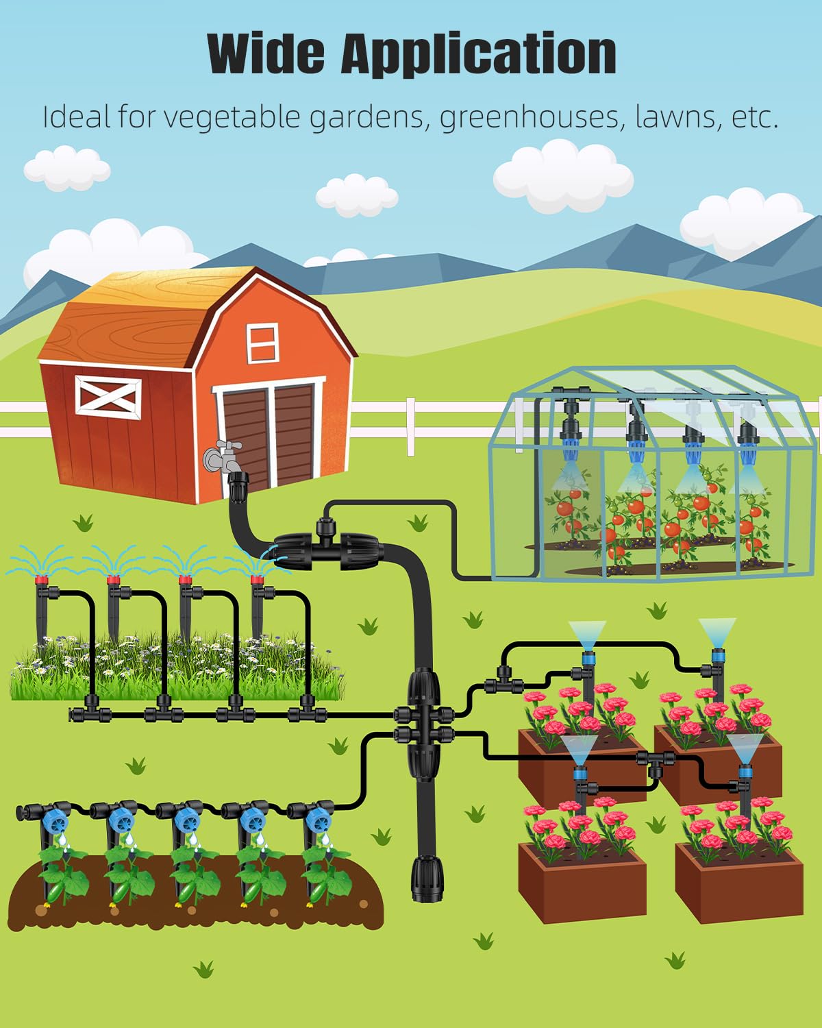 Pawfly 250 ft Drip Irrigation System, Quick-Connect Drip Irrigation Kit with 50ft 1/2" & 200ft 1/4" Tubing and Accessories, Garden Watering System for Greenhouse,Yards,Lawn,Raised Bed
