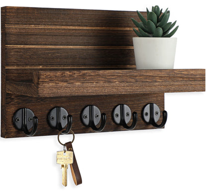 Lwenki Key Holder for Wall, Decorative Key and Mail Holder with Shelf Has Large Key Hooks for Bags, Coats – Paulownia Wood Key Hanger with Mounting Hardware (9.8”W x 6.7”H x 4.2”D) (Brown)