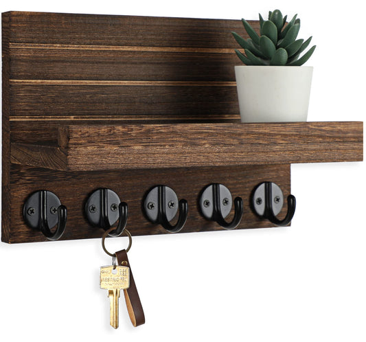 Lwenki Key Holder for Wall, Decorative Key and Mail Holder with Shelf Has Large Key Hooks for Bags, Coats – Paulownia Wood Key Hanger with Mounting Hardware (9.8”W x 6.7”H x 4.2”D) (Brown)