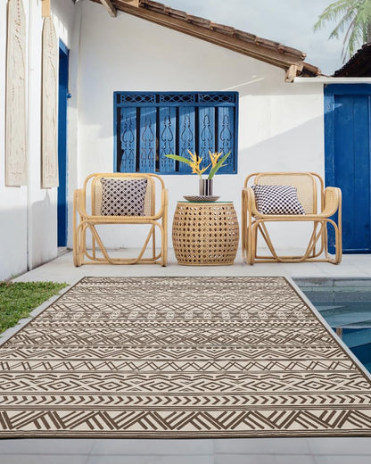 Outdoor Rug Carpet 9x12 ft, Flatweave Textured Outdoor Patio Rug Non Slip Indoor Outdoor Rugs with Rubber Particles Backing Boho Outdoor Area Rug for Patio Deck Front Porch Backyard Balcony, Brown
