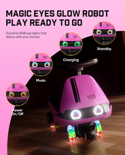 FanttikRide N10 Classic Electric Wiggle Car with Pedal, Type-C Rechargeable Battery, One-Click Detachable Mop, GlideWiz, Anti-Rollover, Flashing Wheels, Bluetooth, Ages 3+, 150 Lbs, Pink